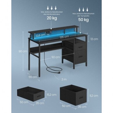 Gaming kompiuterinis stalas su LED apšvietimu, elektros lizdu ir tekstiliniais stalčiais 5