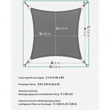 HDPE pilka uždanga nuo saulės, 3 x 3 m 5