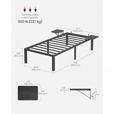Juodas metalinis lovos rėmas su lentynėlėmis, 90 x 190 cm 4