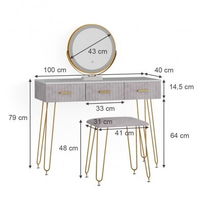 Kosmetinis staliukas LAYLA su LED veidrodžiu ir kėdute 3