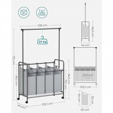 Metalinė drabužių kabykla su skalbinių rūšiavimo krepšiais, 200 l 4