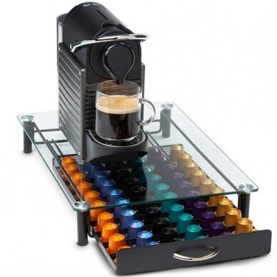 Nespresso kavos kapsulių laikiklis - stalčius stikliniu viršumi, 60 vnt