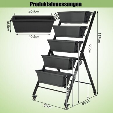 Penkių pakopų pakeliamas stovas su lauko vazonais ir ratukais, 117 x 57 x 68 cm 8