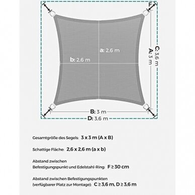 HDPE pilka uždanga nuo saulės, 3 x 3 m 4